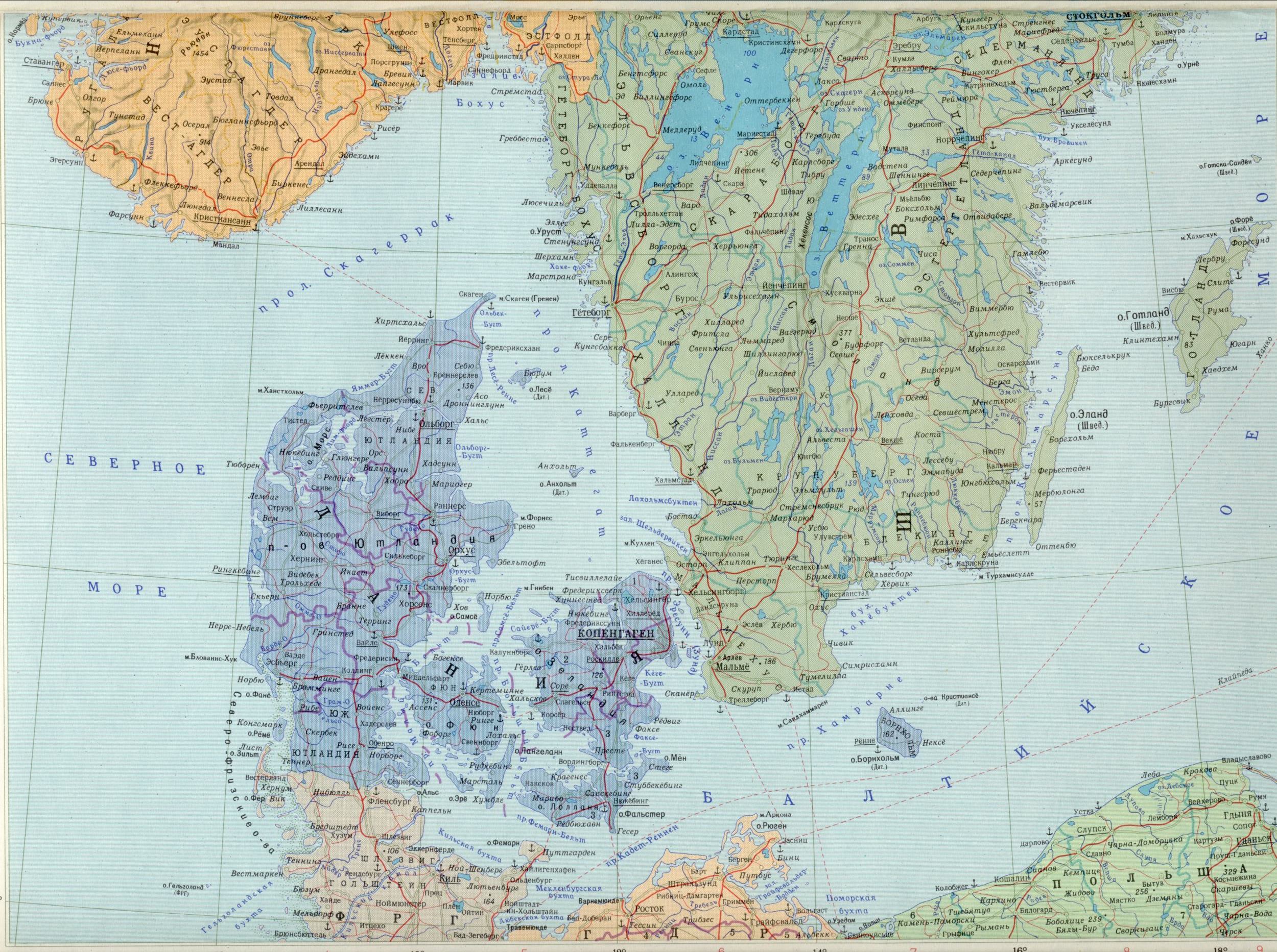 Карта Дании с городами