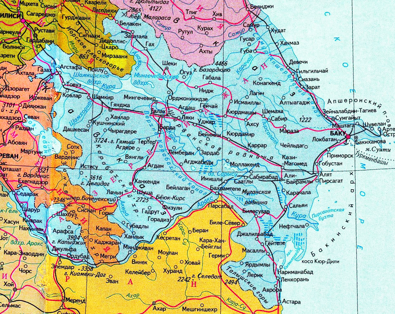Карта Азербайджана с городами на русском языке