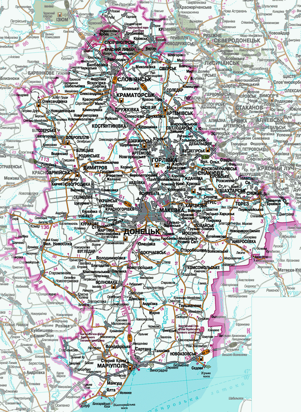 Карта Донецкой области с городами