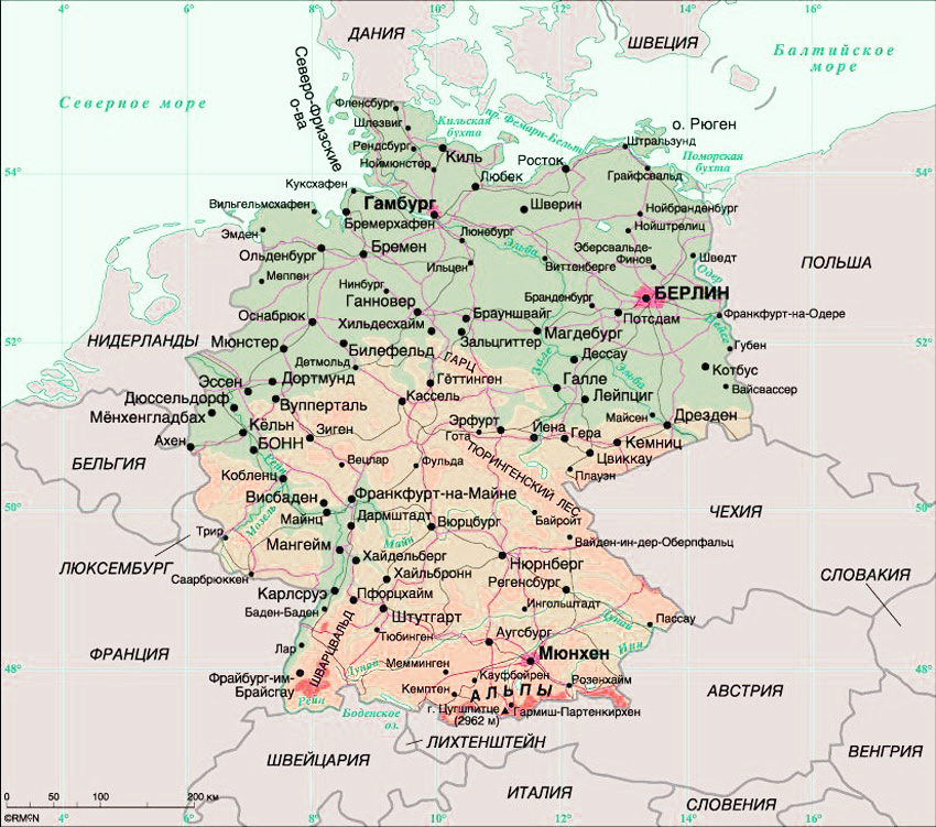 Карта Германии с городами на русском языке