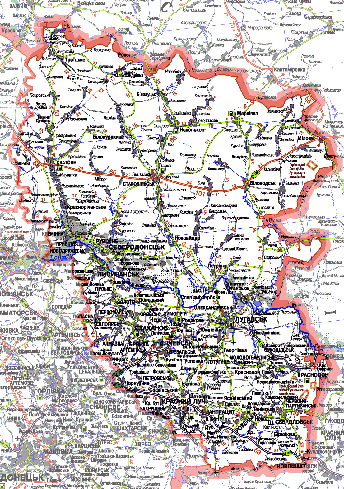 Карта Луганской области с городами