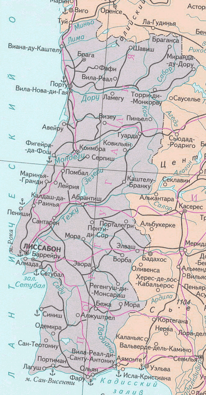 Карта Португалии с курортами