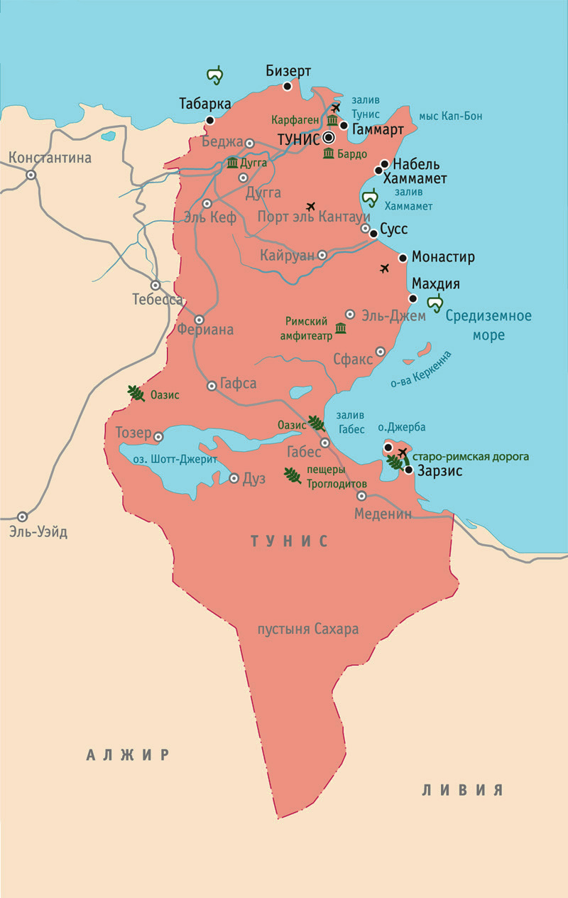 Карта Туниса с курортами