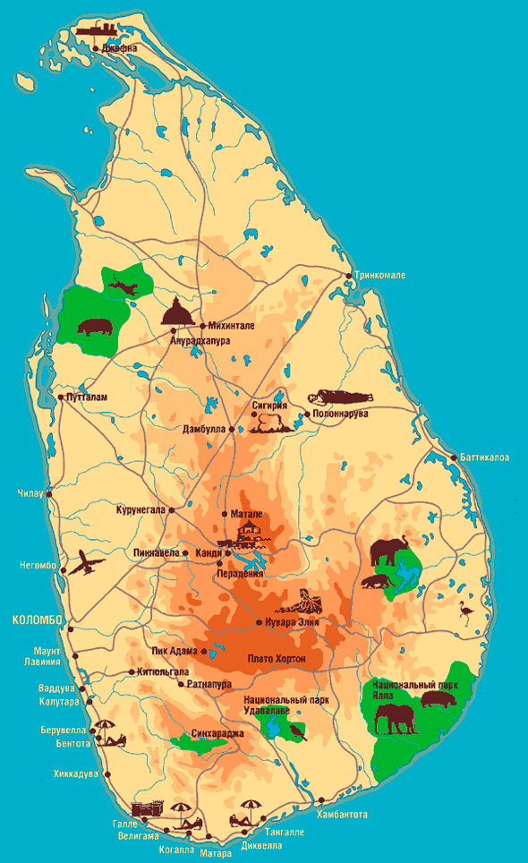 Карта Шри–Ланки с курортами